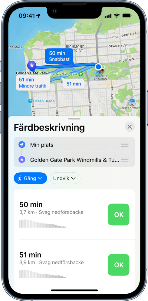 En karta som visar två vandringsrutter. Ruttkortet längst ned visar detaljer för rutterna, inklusive beräknade restider och höjdändringar. Bredvid varje ruttbeskrivning finns knappen OK.