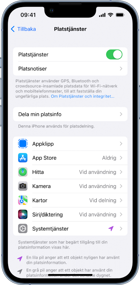 Skärmen för platstjänster med inställningar för att dela platsen för din iPhone, inklusive anpassade inställningar för enskilda appar.
