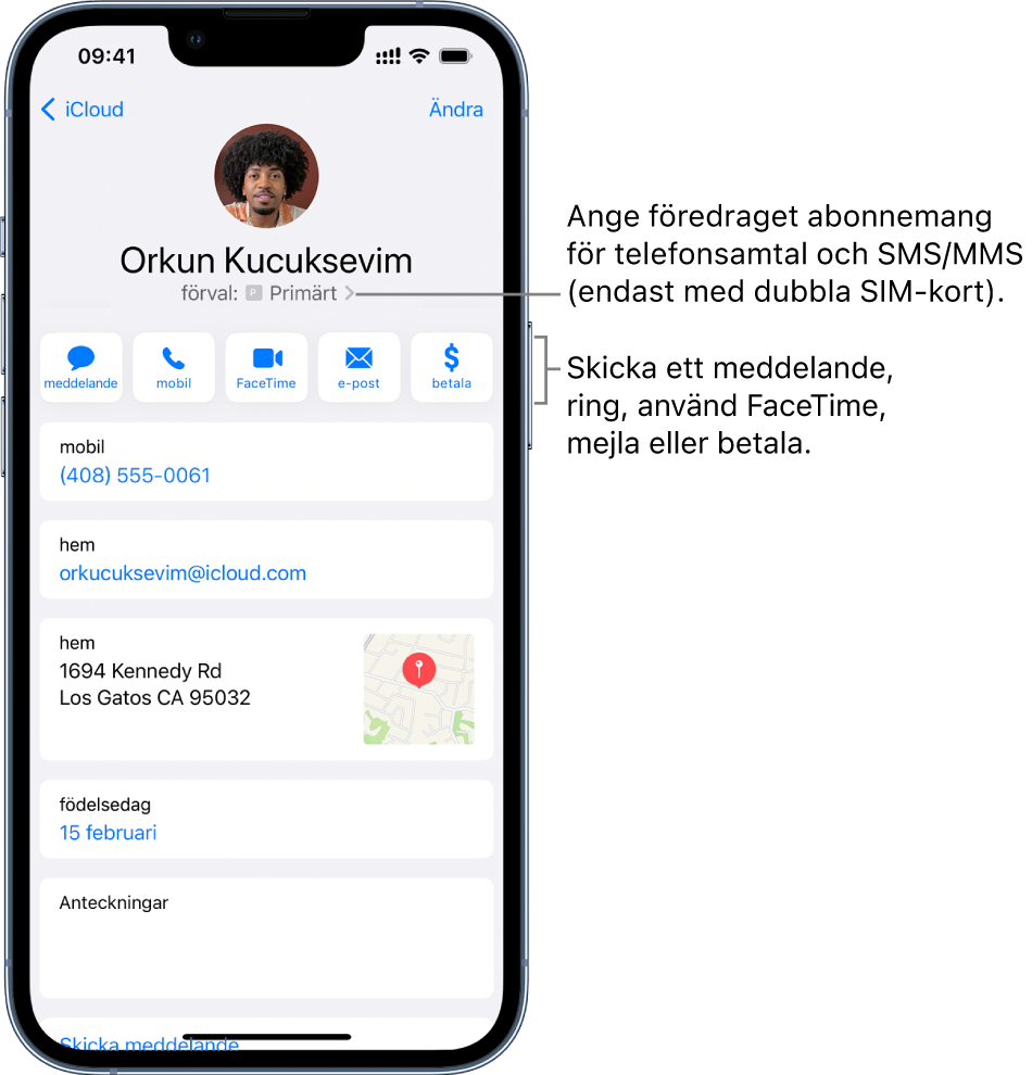 Infoskärmen för en kontakt. Högst upp visas kontaktens bild och namn. Under finns knapparna för att skicka ett meddelande, ringa ett telefonsamtal, ringa ett FaceTime-samtal, skicka ett mejl och skicka pengar med Apple Pay. Nedanför knapparna finns kontaktinformationen.