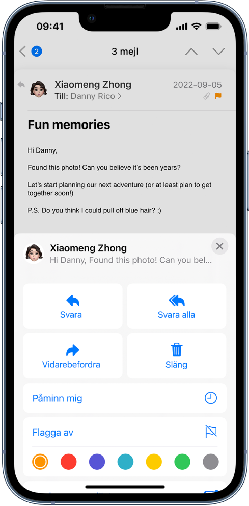 Ett mejl som visar svarsalternativ i den nedre halvan av skärmen. Under de här alternativen finns knapparna Påminn mig och Flagga av och färgalternativ för flaggor.