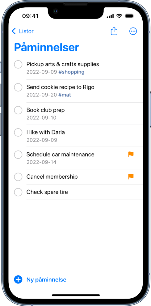 Skärmen Påminnelser med en lista över saker att göra. I det nedre vänstra hörnet finns knappen Ny påminnelse.