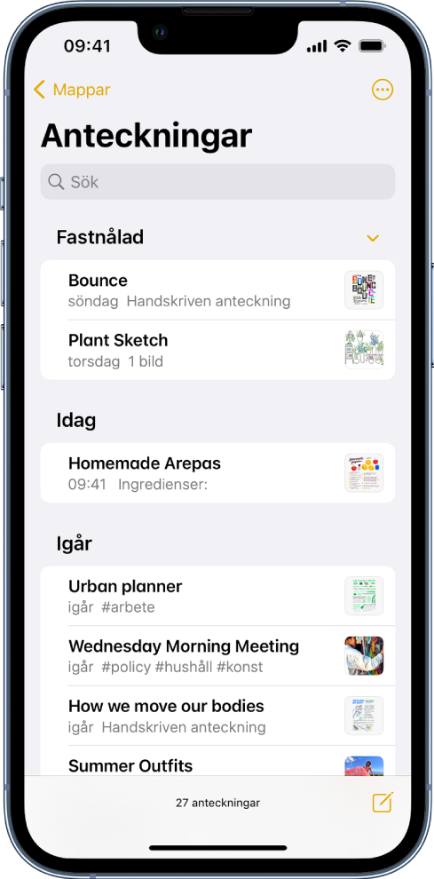 Anteckningslistan med sökfältet överst.