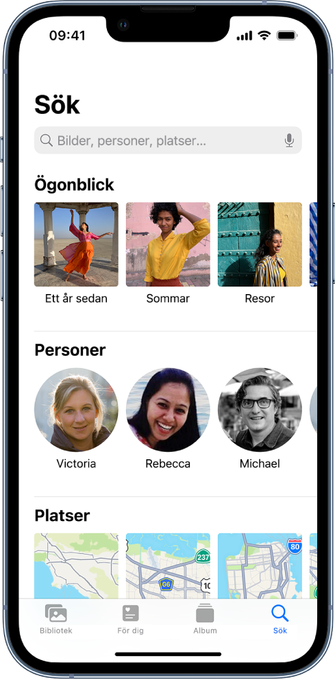 Sökknappen är vald i nederkanten av appen Bilder. Överst på skärmen finns sökfältet. Från överkant till nederkant visar resten av skärmen Ögonblick, Personer och Platser.