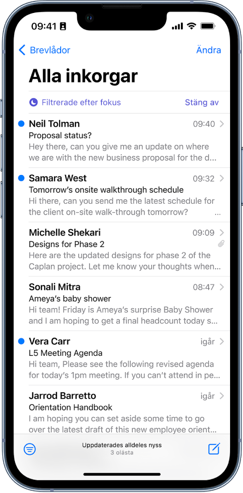 Inkorgen som visar en mejllista. Ovanför listan med mejl finns etiketten Filtrerade efter fokus och till höger står det Stäng av.