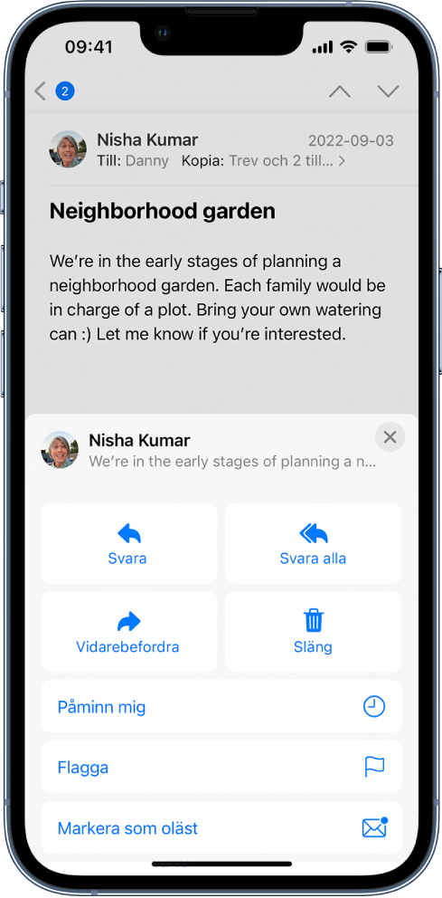 Ett mejl som visar alternativ för att svara nedtill. Mitt på skärmen, från vänster till höger, finns Svara, Svara alla, Vidarebefordra och Papperskorg.