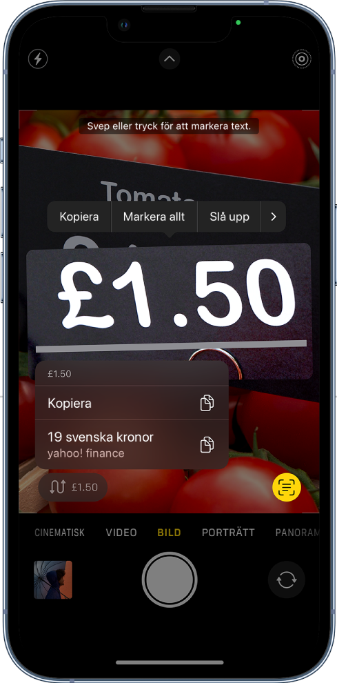 Kameraskärmen som visar snabbåtgärdsknappen till att omvandla en valuta som visas i kameraramen.