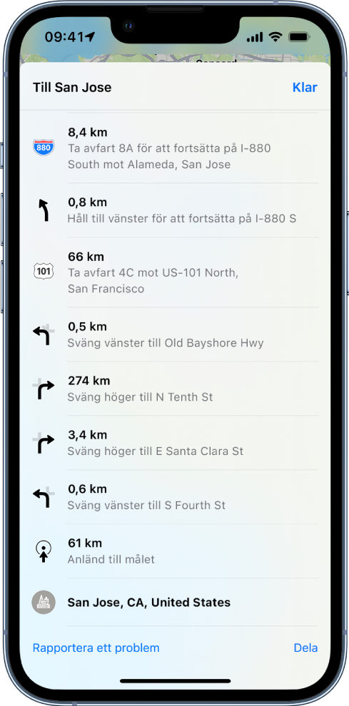 En rutts stegvisa färdbeskrivning visas i en lista.