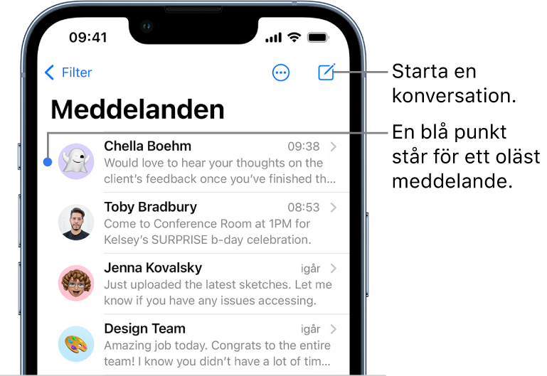 Meddelandelistan med knappen Filter högst upp till vänster och knappen för nytt meddelande högst upp till höger. En blå punkt till vänster om ett meddelande visar att det är oläst.