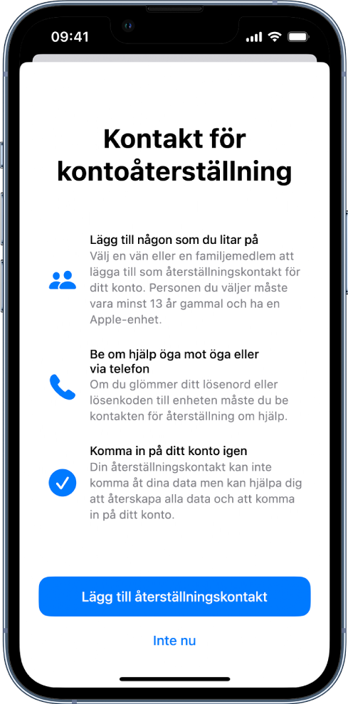 Skärmen Kontakt för kontoåterställning med information om funktionen. Knappen Lägg till återställningskontakt finns längst ned.