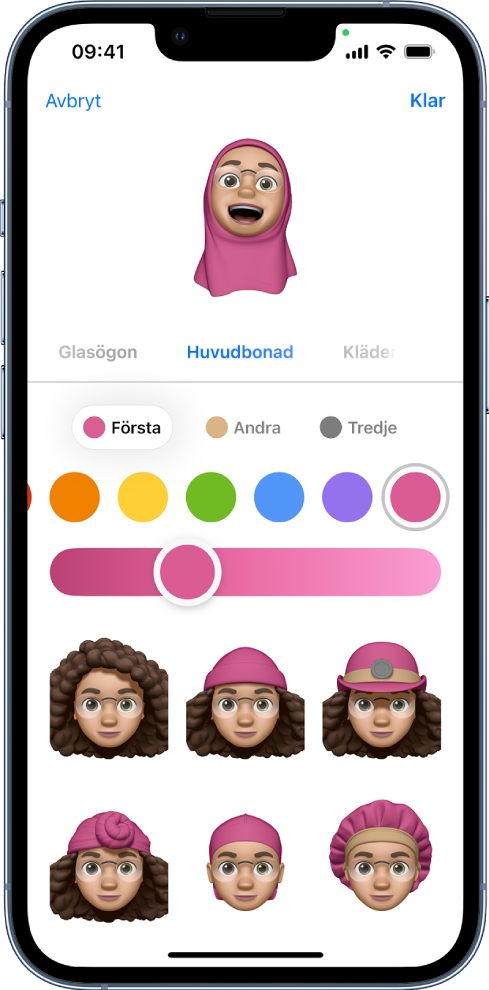 Memoji-skärmen visar en figur som skapas högst upp, funktioner som kan anpassas under figuren och under dem alternativ för att välja egenskaper. Knappen Klar finns högst upp till höger och knappen Avbryt högst upp till vänster.