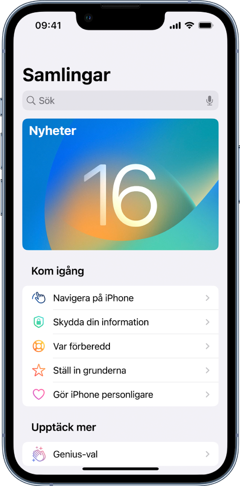 En skärm som visar samlingen med tips med pilar som indikerar att du kan trycka på en samling för att visa tipsen i den.