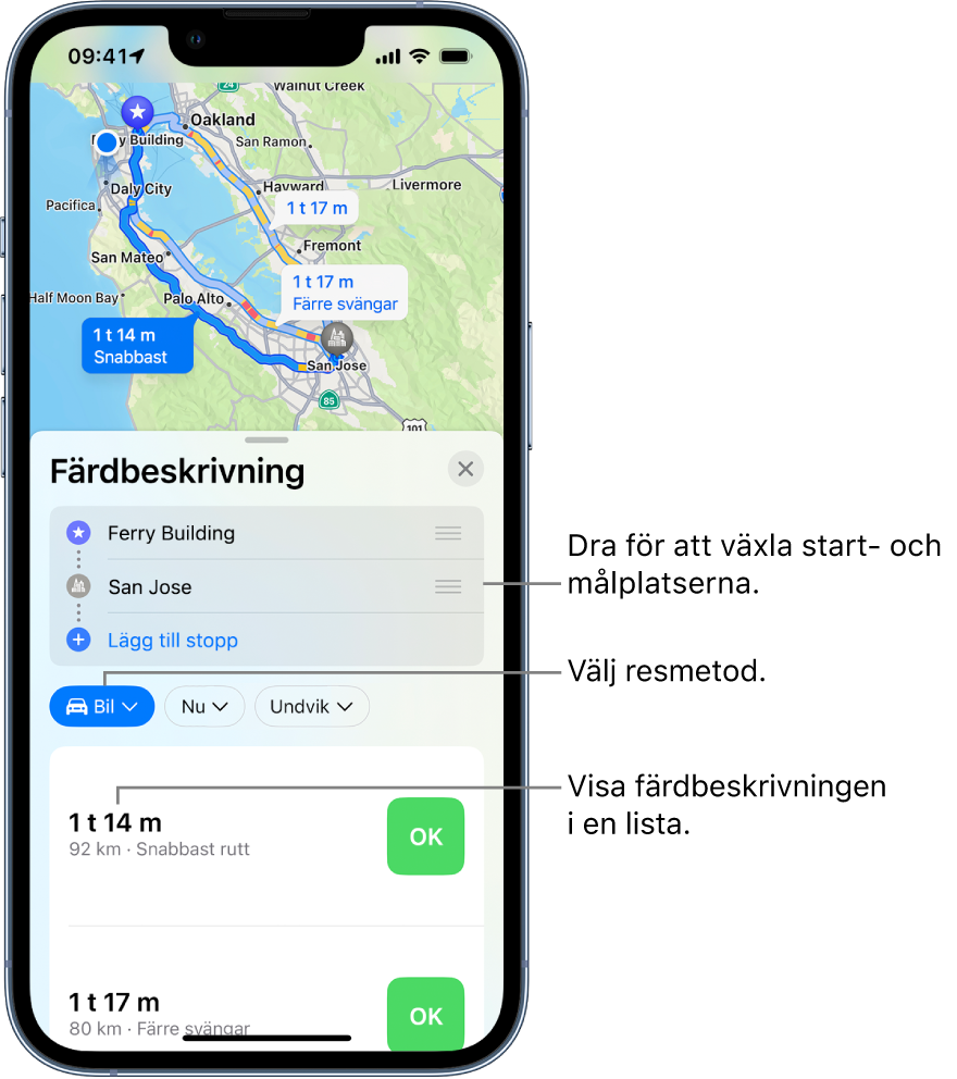 En karta som visar flera rutter mellan två platser med alternativ för att växla startpunkt och mål, ändra transporttyp och visa färdbeskrivningar i en lista.