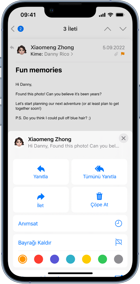 Ekranın alt yarısında yanıt seçeneklerini gösteren bir e-posta. Bu seçeneklerin altında Anımsat düğmesi, Bayrağı Kaldır düğmesi ve bayraklar için renk seçenekleri var.