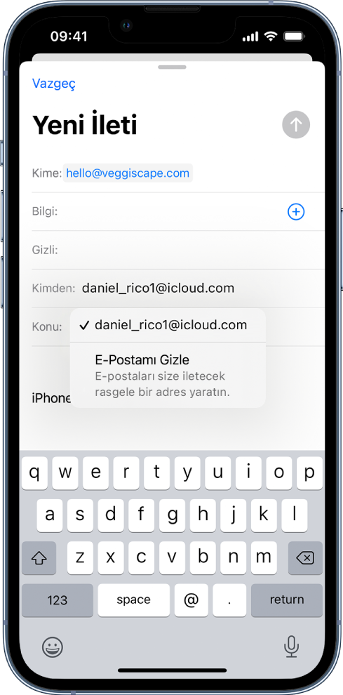 Bir taslak e-posta oluşturuluyor. Kimden alanı seçili ve altında iki seçenek listeleniyor: kişisel bir e-posta adresi ve E-Postamı Gizle.