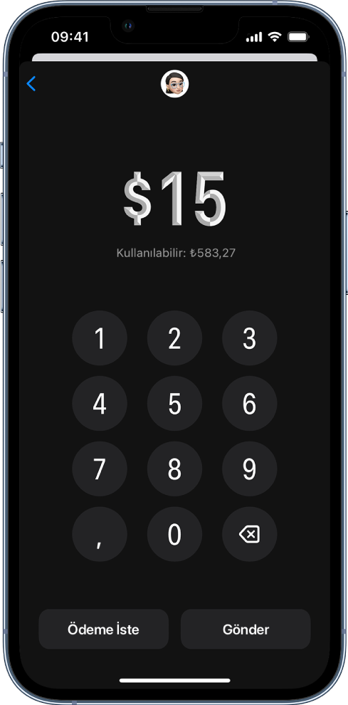 Tutarı girmek için bir tuş takımı ve en altta İste ve Gönder düğmeleri.