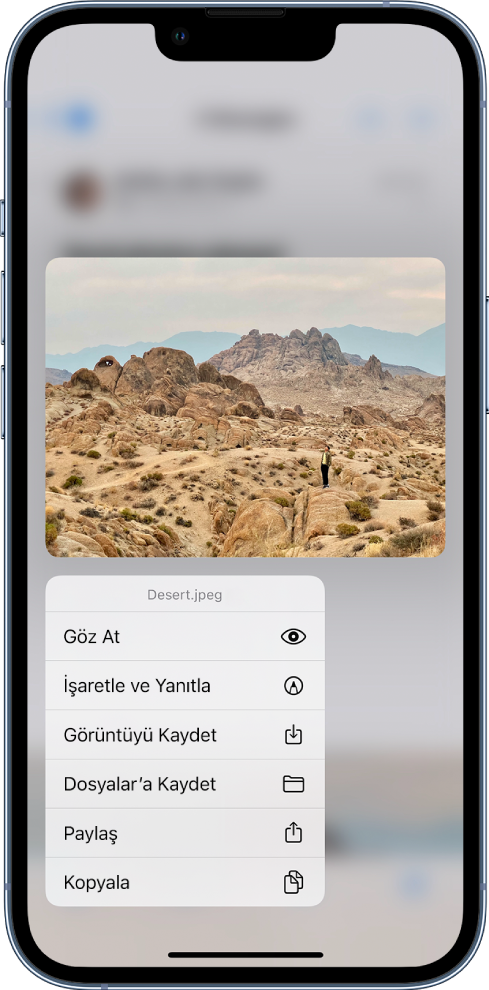 Bir e-posta ilişiği seçili ve olası eylemler listeleniyor. Seçenekler arasında Göz At, İşaretle ve Yanıtla, Görüntüyü Kaydet, Dosyalar’a Kaydet, Paylaş ve Kopyala sayılabilir.