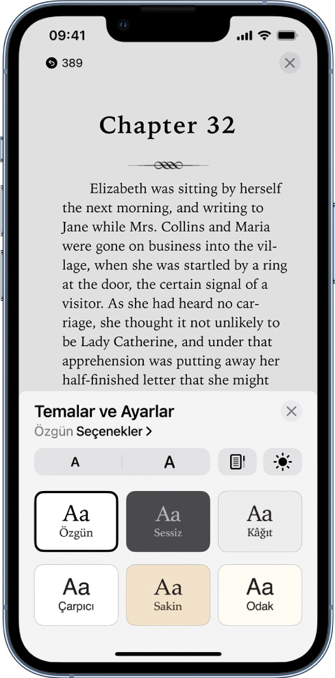 Temalar ve Ayarlar menüsü; font puntosu, kaydırılan görüntü, parlaklık ve font seçenekleri denetimlerini gösteriyor.