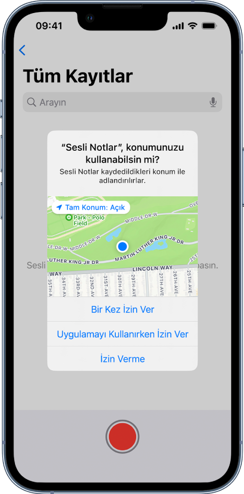 iPhone’daki konum verilerini kullanmak için bir uygulamadan gelen istek. Seçenekler şunlar: Bir Kez İzin Ver, Uygulamayı Kullanırken İzin Ver ve İzin Verme.