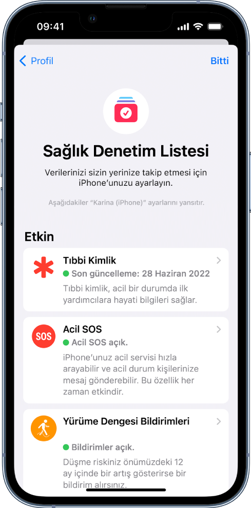 Tıbbi Kimlik’in ve Yürüme Dengesi Bildirimleri’nin etkin olduğunu gösteren Sağlık Denetim Listesi ekranı.