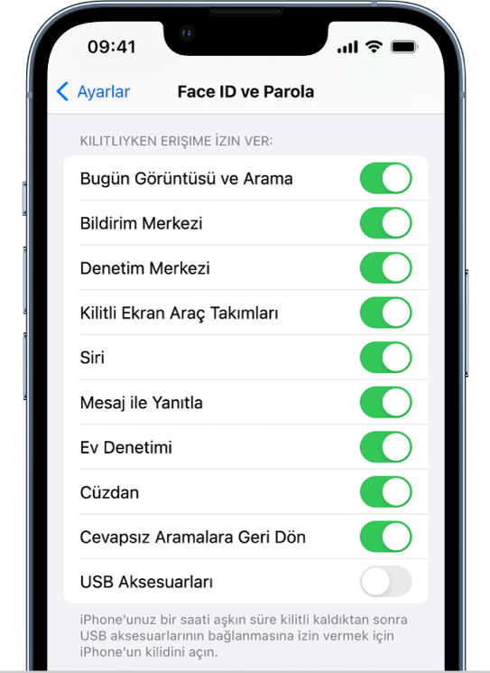 iPhone kilitliyken belirli özelliklere erişime izin verme ayarları ile Face ID ve Parola ekranı.