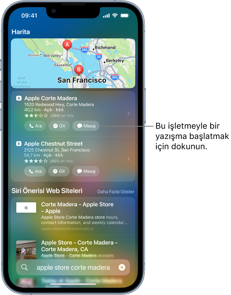 Ara ekranı, Harita için bulunan öğeleri gösteriyor. Her bir sonuç bir ad, adres ve başka ayrıntılar gösteriyor. İlk iki sonuç aramak, yol tarifi almak veya işletmeyle bir Mesajlar yazışması başlatmak için dokunabileceğiniz bir düğme gösteriyor.
