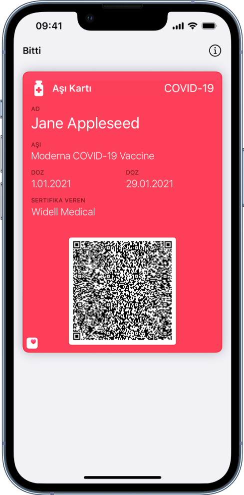 Cüzdan uygulamasındaki bir aşı kartı.