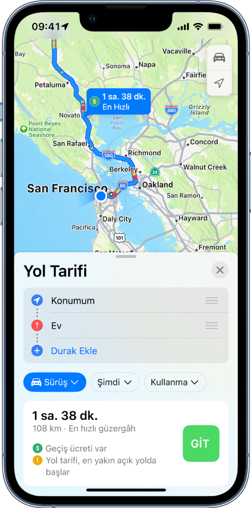 Sağ altta Git düğmesiyle bir sürüş güzergâhının haritası.