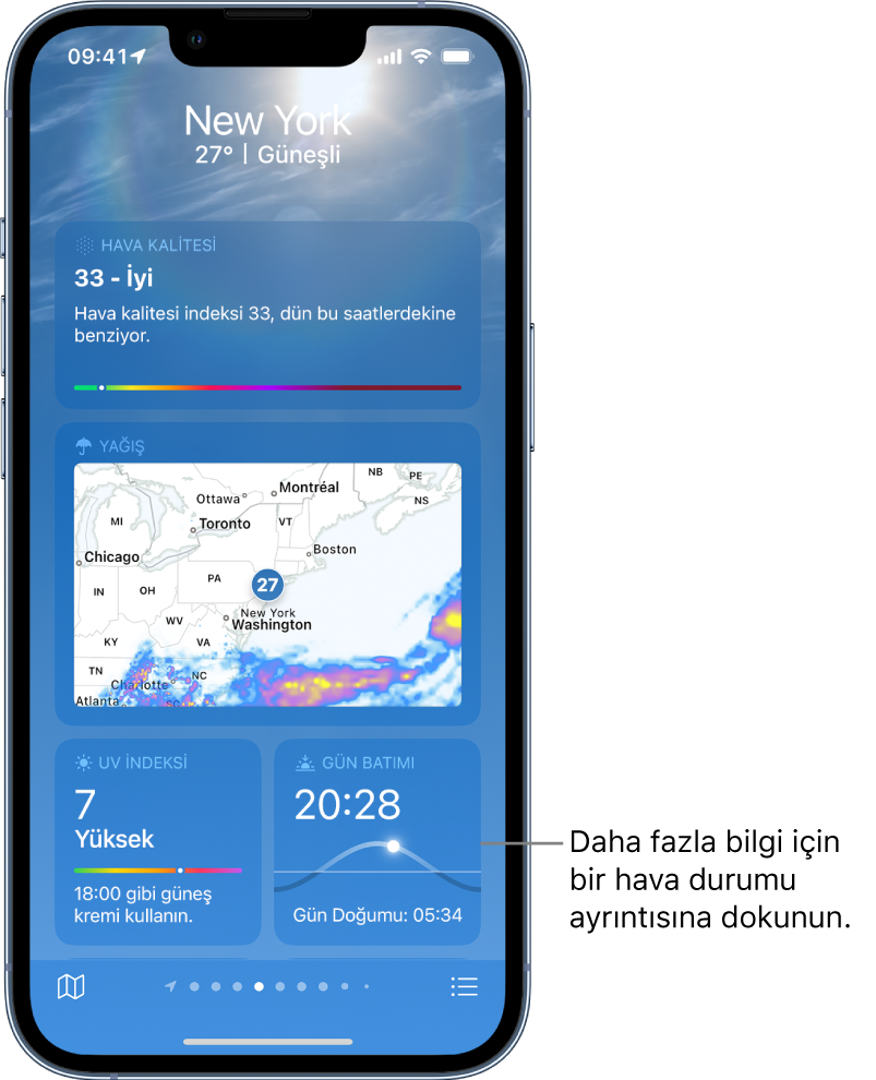 En üstte konumu ve şu anki sıcaklığı ve hava durumunu gösteren Hava Durumu ekranı. Altında, şu öğelere ait hava durumu ayrıntıları var: hava kalitesi, yağış, UV indeksi ve gün batımı.