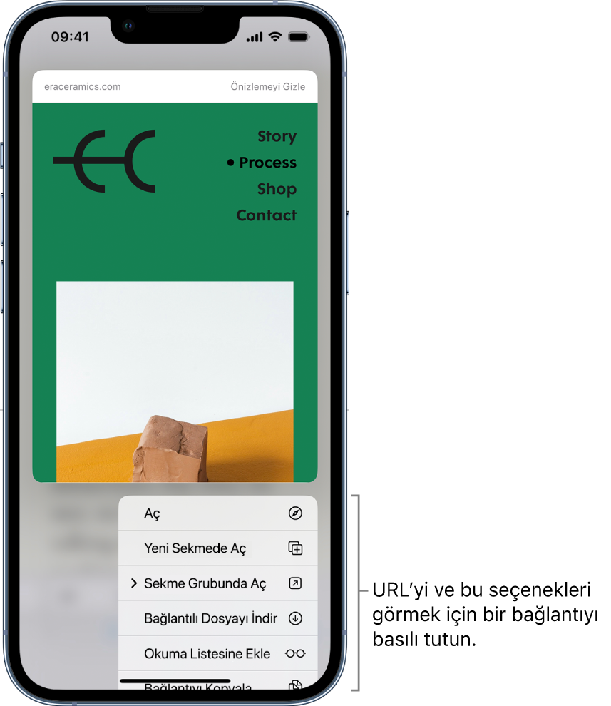 Hedef URL’nin bir önizlemesi ve olası eylemlerin bir listesi: Aç, Yeni Sekmede Aç, Sekme Grubunda Aç, Bağlantılı Dosyayı İndir, Okuma Listesine Ekle ve Bağlantıyı Kopyala.