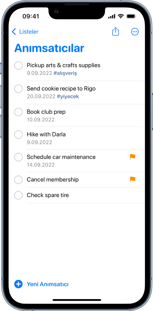 Bir yapılacaklar listesini gösteren Anımsatıcılar ekranı. Yeni Anımsatıcı düğmesi sol altta.