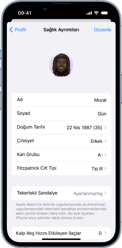 Sağlık Ayrıntıları ekranı.