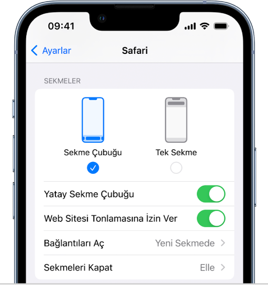 İki Safari yerleşim seçeneğini gösteren bir ekran: Sekme Çubuğu ve Tek Sekme.