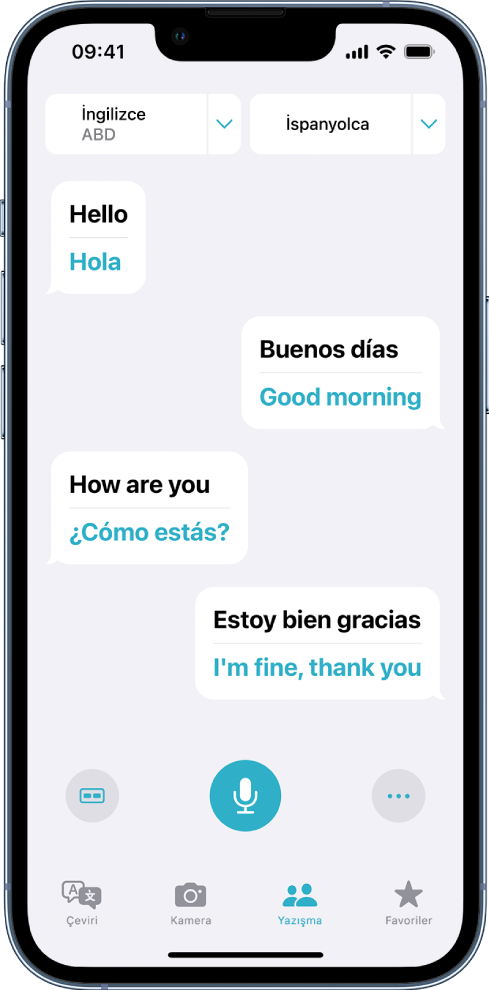 Yazışma sekmesi, sohbet balonlarını ve çevirilerini gösteriyor.