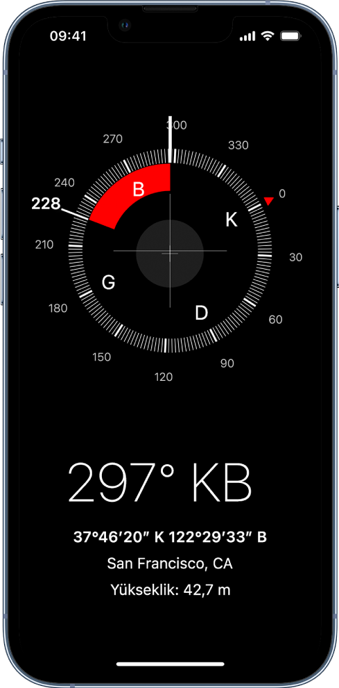Pusula ekranı, iPhone’un işaret ettiği yönü, mevcut konumunuzu ve yüksekliğinizi gösteriyor.
