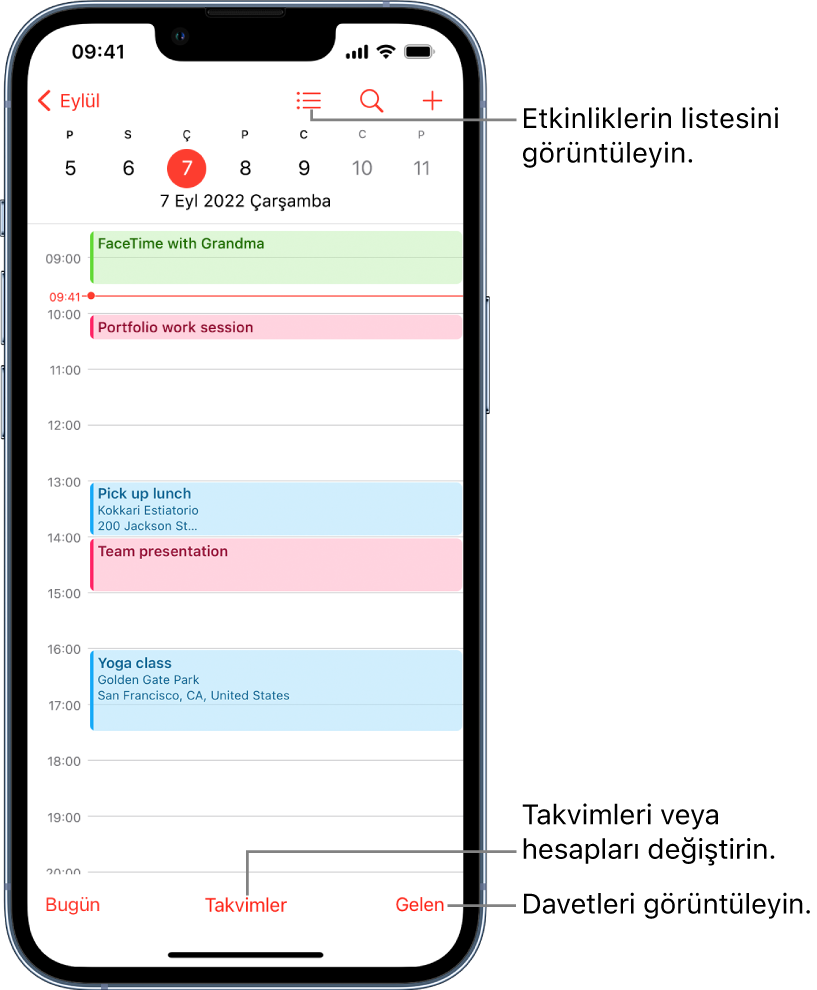 Günün etkinliklerinin görüntülendiği Gün görüntüsünde bir takvim. Ekranın en altındaki Takvimler düğmesi, takvim hesaplarını değiştirmenizi sağlar. Sağ alttaki Gelen düğmesi, davetleri görüntülemenizi sağlar.
