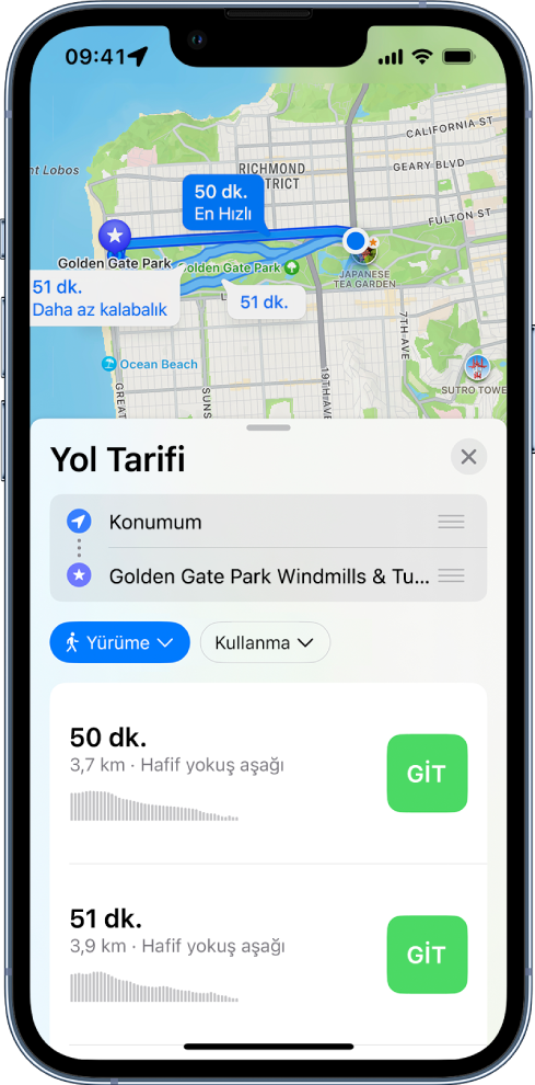 İki yürüme güzergâhını gösteren bir harita. En alttaki güzergâh kartı; tahmini yolculuk süreleri ve yükseklik değişiklikleri dahil olmak üzere güzergâhlar için ayrıntılar sunuyor. Her bir güzergâh açıklamasının yanında bir Git düğmesi görünüyor.