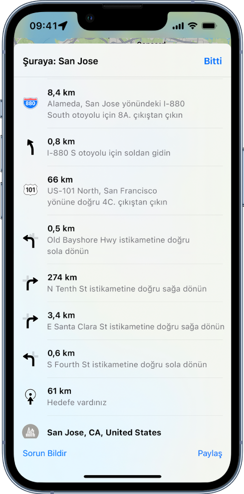 Güzergâha ait, liste olarak gösterilen adım adım yol tarifi.