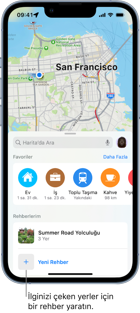 En altta Yeni Rehber düğmesi ile Harita’da bir arama kartı.