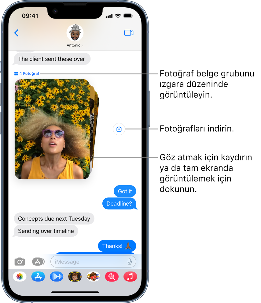 Kaydet düğmesinin yanında kişilerin ve çiçeklerin fotoğraflarından oluşan bir koleksiyon içeren Mesajlar’daki bir yazışma.