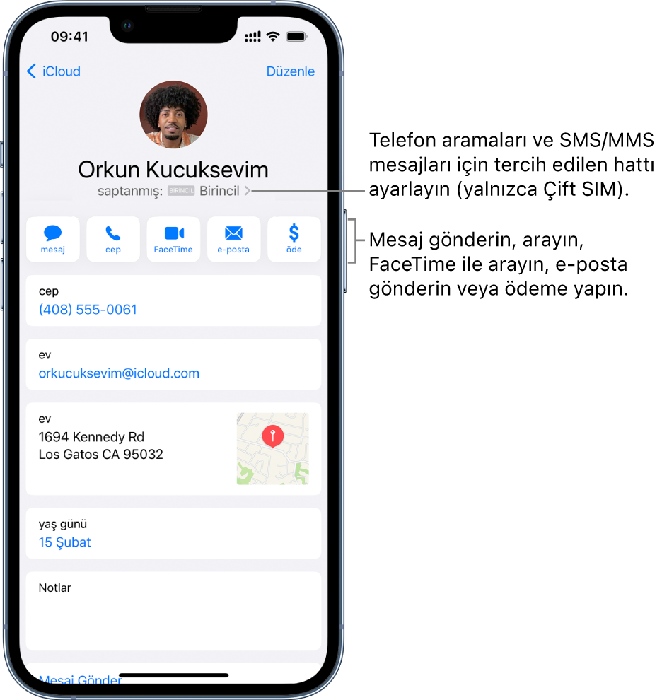 Kişi için bilgi ekranı. Kişinin fotoğrafı ve adı en üsttedir. Altında mesaj gönderme, telefon araması yapma, FaceTime araması yapma, bir e-posta gönderme ve Apple Pay ile para gönderme düğmeleri var. Düğmelerin altında iletişim bilgileri yer alır.