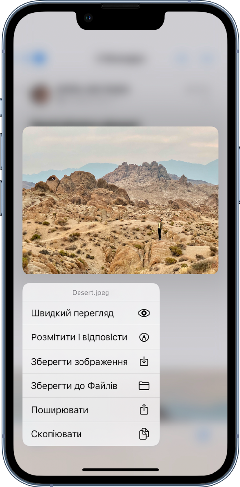 Вибрано вкладення в електронний лист зі списком можливих дій. Доступні такі опції: «Швидкий перегляд», «Розмітити і відповісти», «Зберегти зображення», «Зберегти до Файлів», «Поширити» та «Копіювати».