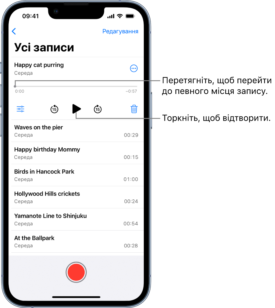 Екран зі списком «Диктофон» й вибраним записом угорі. На часовій шкалі записування є вказівник відтворення, який можна перетягувати в певне місце запису. З кожного кінця часової шкали наведено час початку та час завершення. Над часовою шкалою є кнопка «Інші дії», яку можна торкнути, щоб скопіювати, поширити, змінити чи дублювати запис тощо. Під часовою шкалою розташовані: кнопка «Параметри відтворення», яку можна використовувати для встановлення опцій відтворення, кнопки переходу назад і вперед на 15 секунд, а також кнопки відтворення та видалення. Під цими елементами керування є список записів, які можна відкрити торканням.