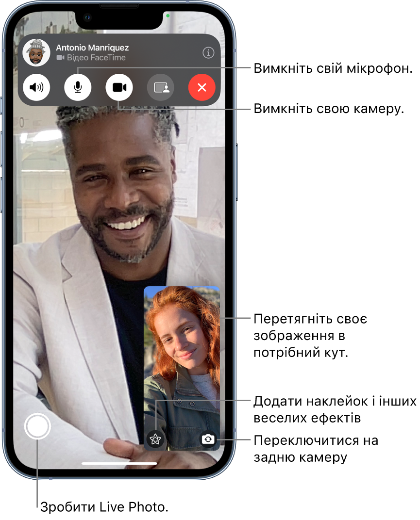 Екран FaceTime із поточним викликом. Ваше зображення з’являється в невеликому прямокутнику внизу справа, а зображення співрозмовника заповнює решту екрана. У нижній частині екрана міститься рядок таких кнопок: Live Photo, «Ефекти» та «Перемкнути на задню камеру». Угорі екрана розташовані елементи керування FaceTime, зокрема «Відкрити Повідомлення», «Аудіо», «Звук увімкнено», «Камеру увімкнено» та «Поширити вміст». Угорі елементів керування є ім’я чи Apple ID співрозмовника та кнопка «Покинути виклик».