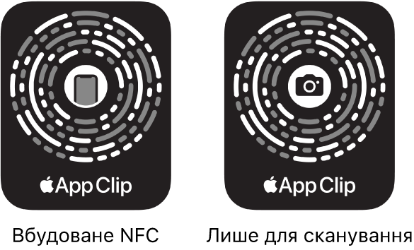 Ліворуч відображено NFC-інтегрований код фрагмента програми з іконкою iPhone у центрі. Праворуч відображено код фрагмента програми тільки для сканування з іконкою камери в центрі.
