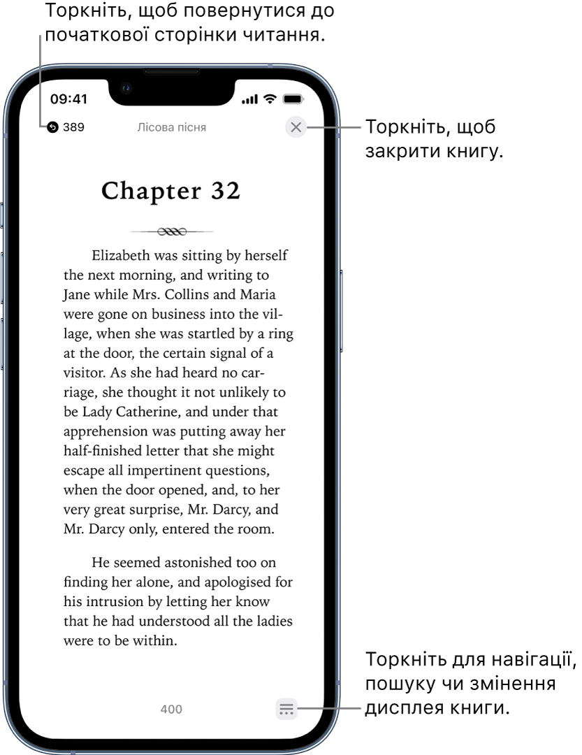 Сторінка книги в програмі «Книги». Угорі екрана — кнопки для повернення до сторінки, з якої було почато читання, і для закриття книги. У нижньому правому куті екрана — кнопка «Меню».