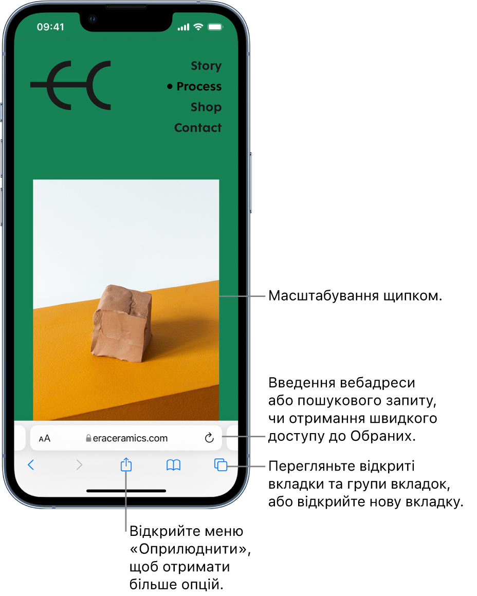 Вебсайт відкрито в Safari, унизу розташовано поле адреси. Унизу зліва направо розміщено кнопки «Назад», «Вперед», «Оприлюднити», «Закладки» та «Вкладки».