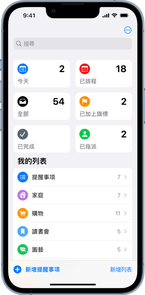 畫面顯示「提醒事項」中的多個列表。最上方顯示搜尋欄位（位於「智慧型列表」上方），列出今天到期的項目、排定的提醒事項、所有提醒事項和已標示的提醒事項。「新增列表」按鈕位於右下角。