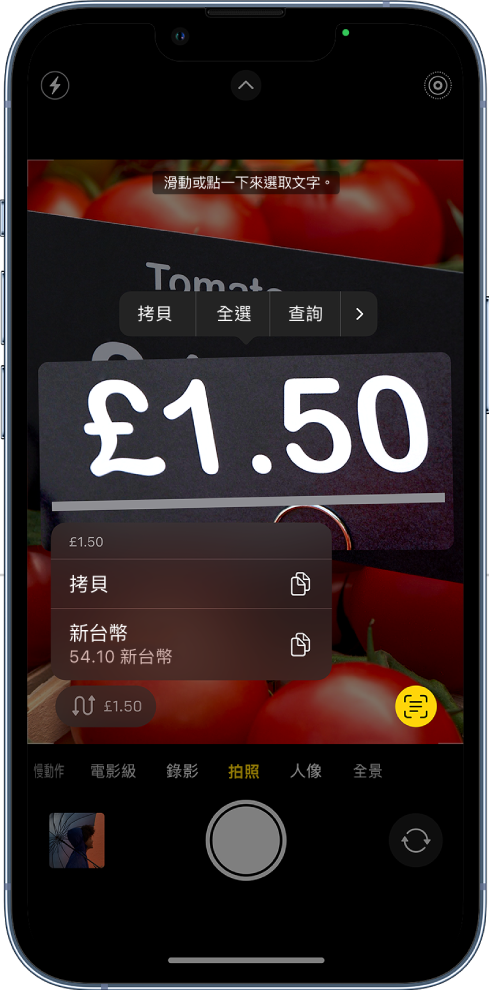 「相機」畫面顯示快速動作按鈕，用於轉換相機框內顯示的貨幣。