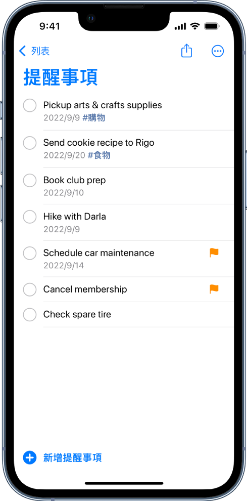 「提醒事項」螢幕，顯示待辦事項列表。「新增提醒事項」按鈕位於左下角。