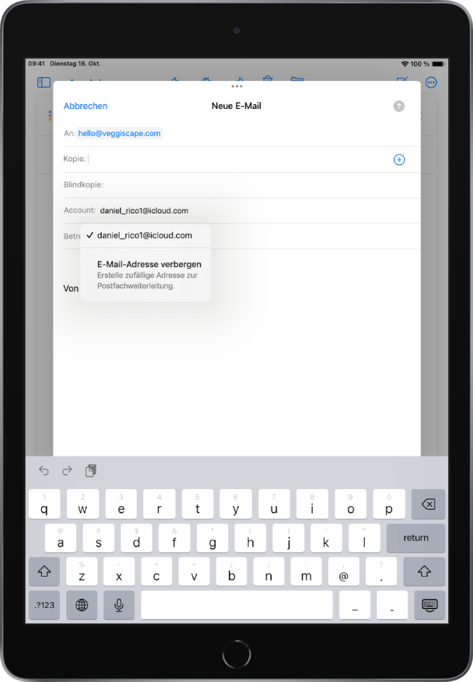 „EMailAdresse verbergen“ in Mail auf dem iPad verwenden Apple